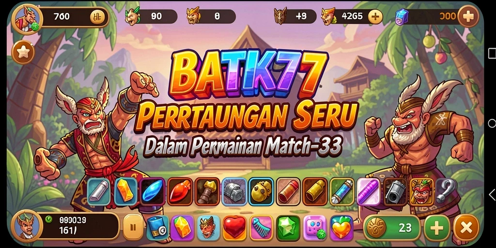 Tampilan gameplay seru dalam BATIK77 dengan level Match-3 yang menarik.