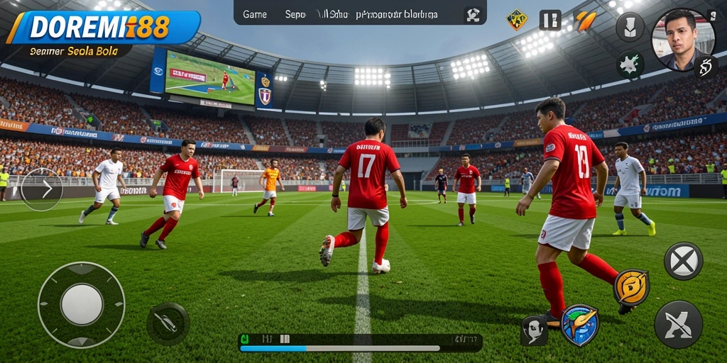 Screenshot DOREMI88 menampilkan aksi seru dalam permainan sepak bola.