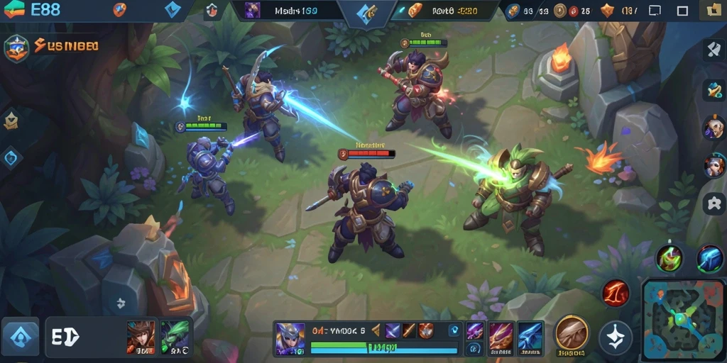 Screenshot gameplay seru dari E88 menampilkan aksi pertarungan MOBA.