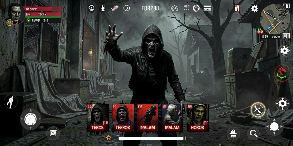 Screenshot gameplay FBRP88 yang menampilkan suasana menegangkan di lingkungan gelap.