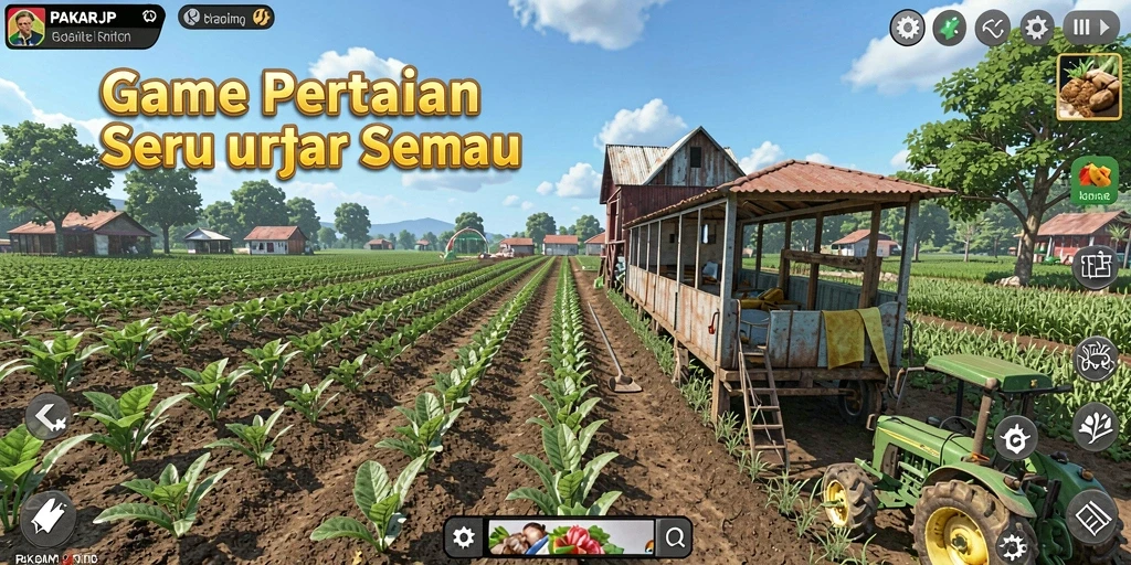 Screenshot utama PAKARJP menampilkan kebun yang rimbun dan hewan ternak yang lucu.