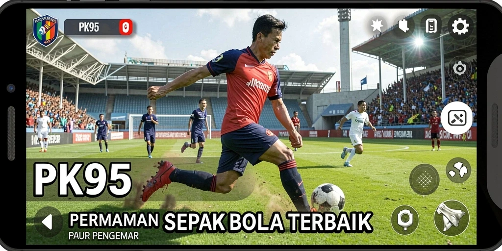 Screenshot gameplay PK95 menampilkan aksi sepak bola yang mendebarkan.