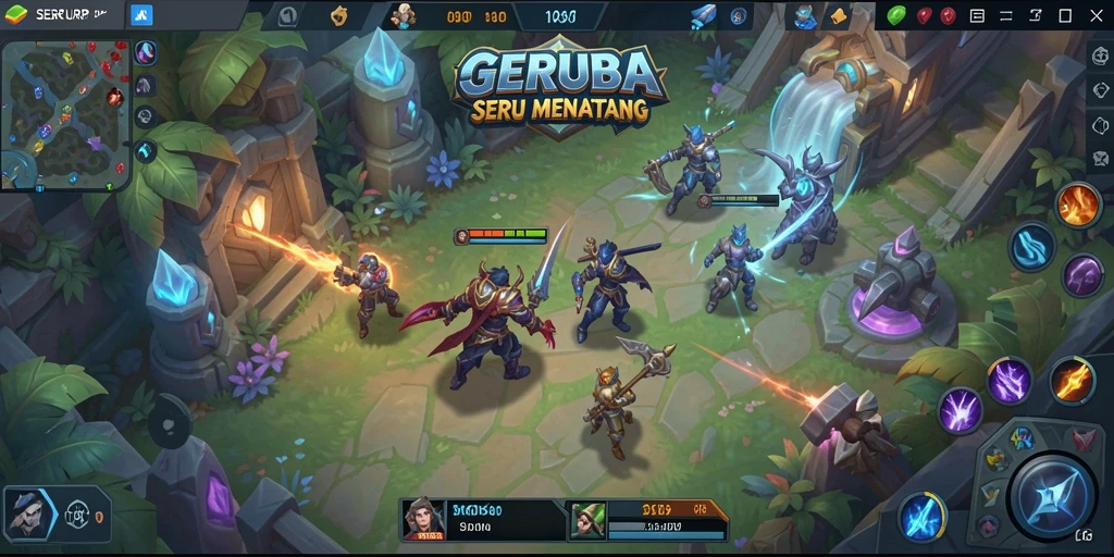 Tangkapan layar gameplay SERURP yang menampilkan aksi seru dalam pertempuran MOBA.