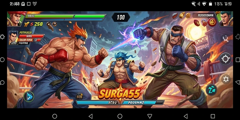 Screenshot utama SURGA55 yang menampilkan pertarungan seru karakter gamer.