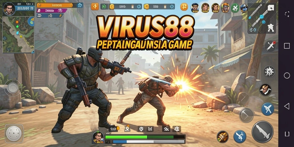 Screenshot utama VIRUS88 menampilkan aksi pertarungan yang mendebarkan.