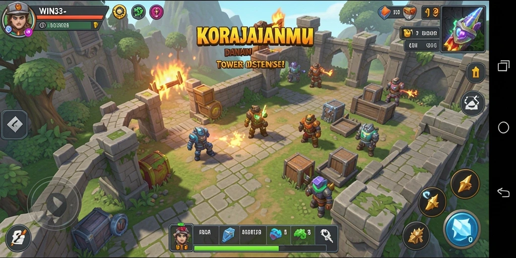 Screenshot gameplay WIN33 menampilkan aksi seru dalam Tower Defense.